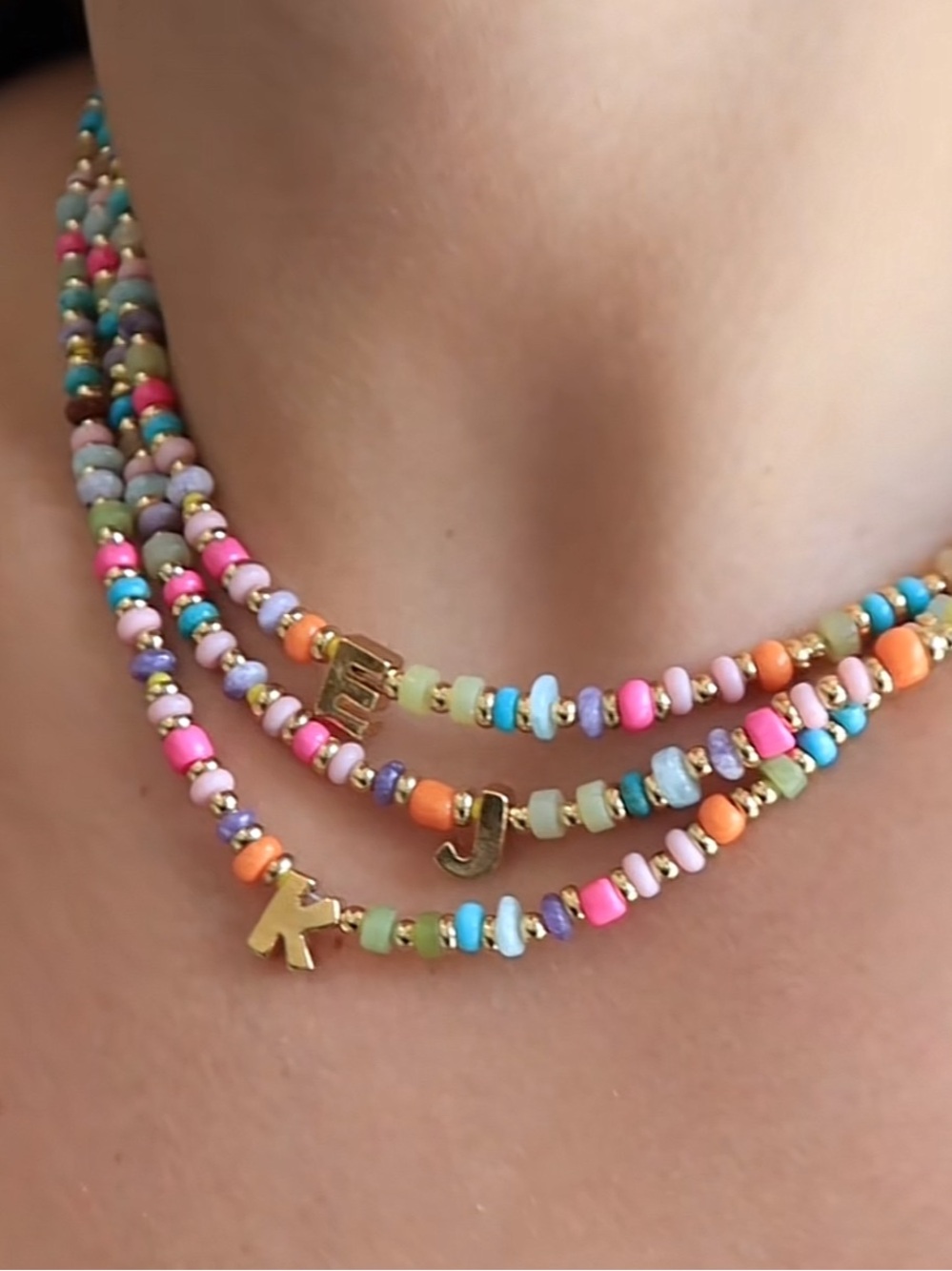Multi Semi Precious Gemstones Initial Necklace 24K Gold Plated NWOT